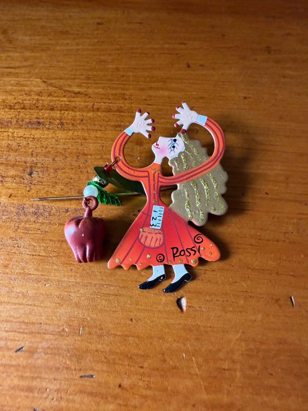 Karen Rossi Fanciful Flights Teacher Stick Pin Brooch Red Dress Apple Whimsical